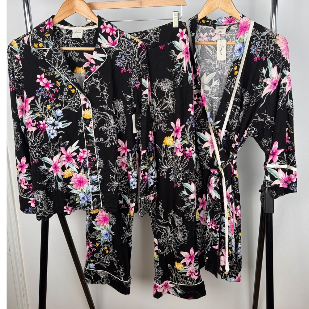 NWT Soma 3pc Cool Nights Pajama Set Size M Robe Top Pants Floral Giftable Bridal